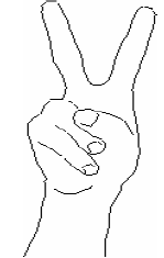 Рис. 4. Пальцы сжаты в кулак, повернутый ладонью к собеседнику. Два пальца, указательный и безымянный, выпрямлены вверх